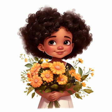 Little cute cartoonish African girl with flowers