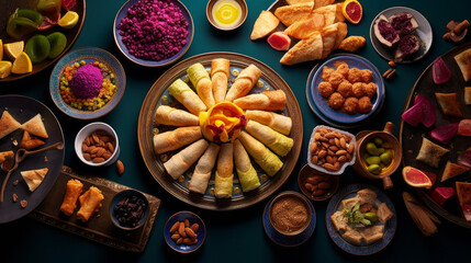 A colorful spread of sweet and savory Ramadan treats, including Baklava, Kueh Lapis, and Maamoul, perfect for satisfying those post-fast cravings - obrazy, fototapety, plakaty