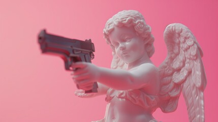 Cupid statue pointing a shotgun on soft pink background, with space for text. Valentine's Day card design with humor.