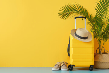 Suitcase with travel accessories, sunglasses, hat and camera on a pastel yellow background with copy space for text. Travel concept, minimal style