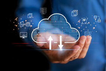 Human hand holding cloud technology transfer, Data storage, network, Internet, server services,...