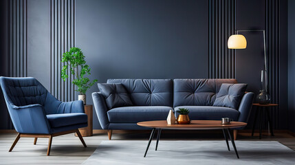 Interior of living room with comfortable sofa, floor lamp and table with flowers near blue wall