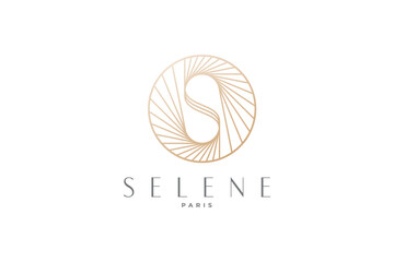 Celestial logo design, S letter logotype, Planet, Space, Universe, Minimal Minimalistic, Sun, Rays, Satelite emblem. Vector illustration