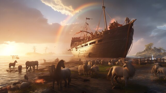 Noah's Ark Showcasing the Animals and the Rainbow


