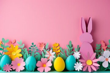 An illustration cut out of colored multi-colored cardboard paper for the spring celebration of Easter, a bunny and Easter eggs, origami with copy space 