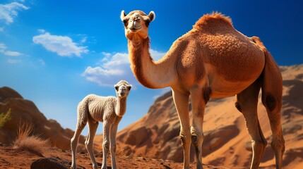 Orange and White Drawing of a Camel with Baby - Artistic Illustration

