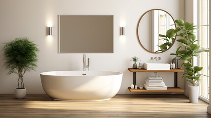Fototapeta na wymiar Interior of modern bathroom with white bathtub
