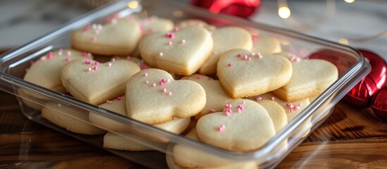 Storing heart-shaped sugar cookies in a big plastic container with royal icing.