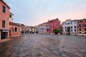 Fototapeta na wymiar Empty square of Campo Sant Angelo, also known as Campo Sant Anzolo, which is a square in the sestiere of San Marco, Venice, Italy