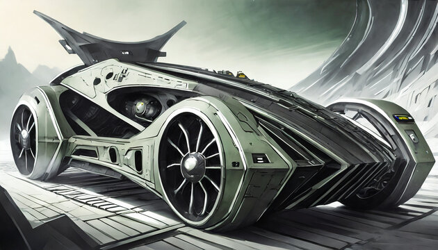 Close-up of detailed sci-fi Car, futuristic render of car