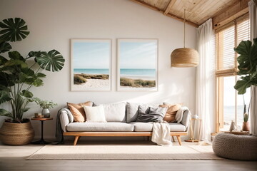 modern living room interior  in pastel beige colors in beach house. sunlight shadow. Big p;ant in pot, two posters in wall. Cosy Scandinavian design. Relax room.