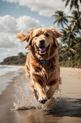 Happy dog of the Golden Retriever breed joyfully runs along the beach near the sea on the sunny day