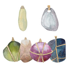 a set of stones for pendants, pendants, wrapped in rope. Red, green, brown, blue, mother-of-pearl, stone. Hand drawn in watercolors, cut out on white background