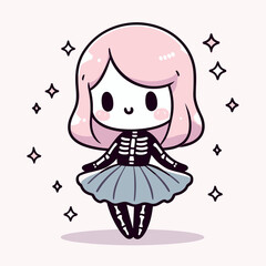Fototapeta premium Cute little skeleton ballerina, Halloween in kawaii style, vector illustration in cartoon style, generative ai