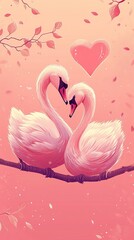 Cute love swans are sitting on a branch in love , valentine art