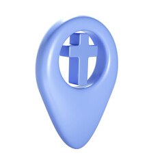 Obraz premium Christian 3d blue cross geotag gps icon. Element for church place, religious building address. Object on transparent