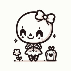 Fototapeta premium Cute kawaii Halloween skeleton girl with a gift box and a flower, Halloween sticker Vector illustration, generative ai