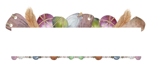 Horizontal banner made of stones, wood, feathers. beaded bottom, necklace . Colorful illustration hand drawn on white background. For banner, invitation, announcement. Packaging design