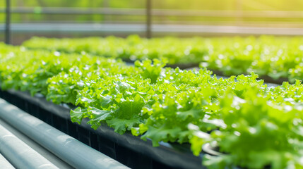 Rows of vibrant green lettuce leaves thriving in a hydroponic farm setup, indicating sustainable agriculture practices.
 - obrazy, fototapety, plakaty