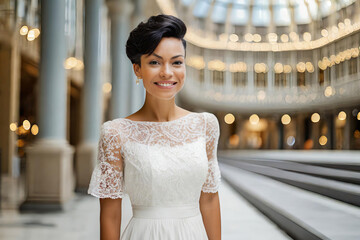 radiant woman with a stylish pixie haircut and a warm smile, wearing a delicate white lace dress, exudes elegance and confidence - obrazy, fototapety, plakaty