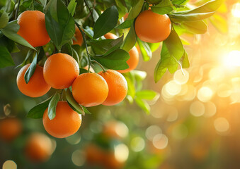 Vibrant oranges hanging from branches, surrounded by dappled sunlight.