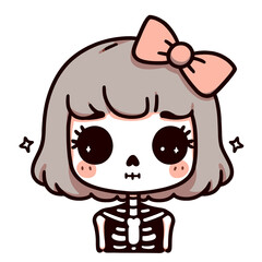 Cute kawaii girl with a skeleton costume and a bow, Vector illustration, Halloween artwork sticker, generative ai