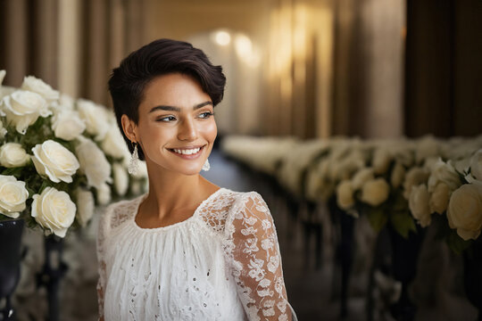 radiant woman with a stylish pixie haircut and a warm smile, wearing a delicate white lace dress, exudes elegance and confidence