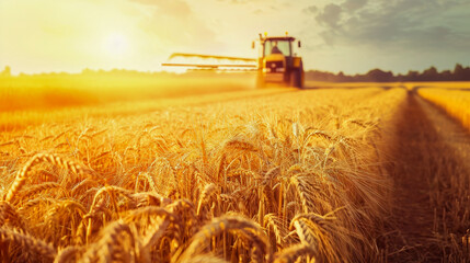 Agricultural machinery harvesting golden wheat in a dusty field during a picturesque sunset, symbolizing harvest season.
