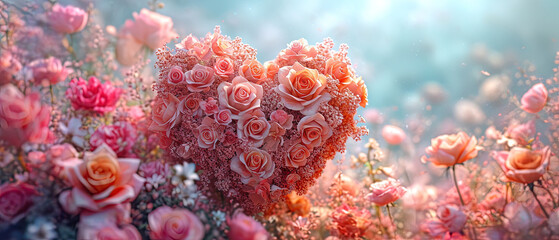 Valentine's Day scene featuring a heart-shaped arrangement made of soft pink roses in a lush flower field. Symbol of love and tenderness, enhanced by the warm sunlight. AI generated