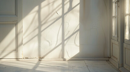an empty room with a wooden floor and an old plaster wall and hard shadows.