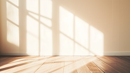 an empty room with a wooden floor and an old plaster wall and hard shadows.