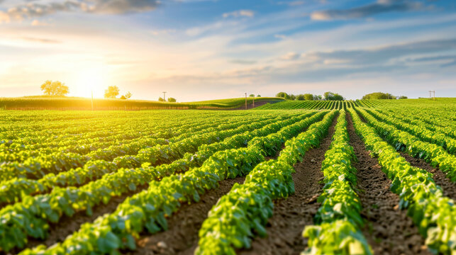 Expansive view of lush lettuce rows under a vibrant sunset in a large agricultural field, symbolizing sustainable farming.
