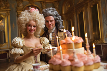 Marie Antoinette and Louis XVI eating cake together (generative AI) - obrazy, fototapety, plakaty
