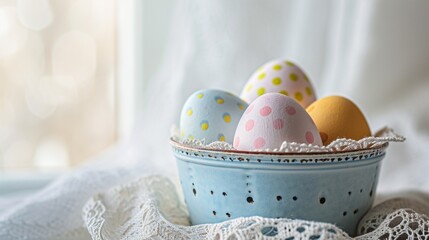 Easter postcard with polka-dot eggs in a vintage container on a lace doily - obrazy, fototapety, plakaty