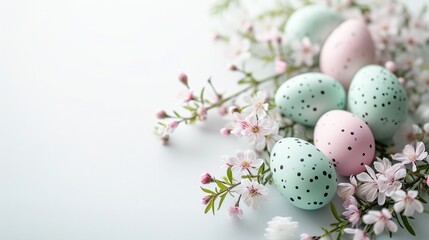 Easter eggs and spring flowers, light green colors, on a white background