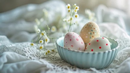 Fotobehang Easter postcard with polka-dot eggs in a vintage container on a lace doily © MagicS