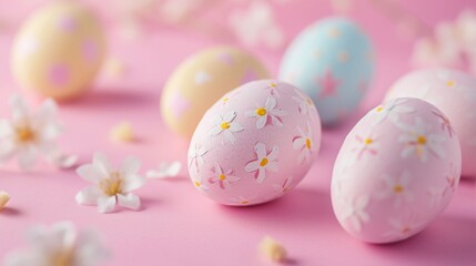 Fototapeta premium Easter postcard with painted pastel eggs on a pink background