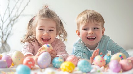 Obraz na płótnie Canvas Two happy children are cracking pastel easter eggs