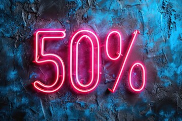 Sale and discount illuminated in neon light design for business banner symbolizing shop bright offers with glowing 50 percent signs electric night ambiance background off special retro marketing price