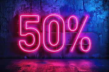 Sale and discount illuminated in neon light design for business banner symbolizing shop bright offers with glowing 50 percent signs electric night ambiance background off special retro marketing price