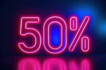Sale and discount illuminated in neon light design for business banner symbolizing shop bright offers with glowing 50 percent signs electric night ambiance background off special retro marketing price
