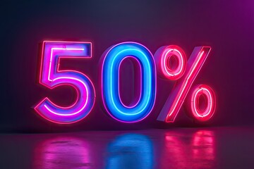 Sale and discount illuminated in neon light design for business banner symbolizing shop bright offers with glowing 50 percent signs electric night ambiance background off special retro marketing price