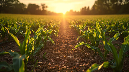 A photo of sunlit rows of cornstalks in a flourishing cornfield.