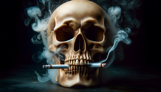 Conceptual illustration of no smoking, smoking is dangerous. Close-up view of a human skull smoking a cigarette, surrounded by dark, swirling smoke