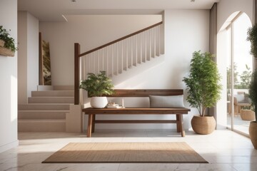 Fototapeta premium Interior home design of modern entrance hall with rustic wooden benches and staircase with decorations