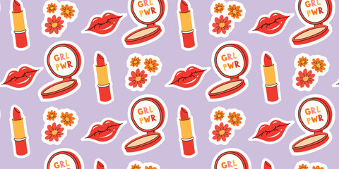 Seamless pattern with lipstick, powder, mirror, flowers and lips. Beautiful pattern on the theme of women, beauty. Cosmetic elements. Vector illustration in flat style. 