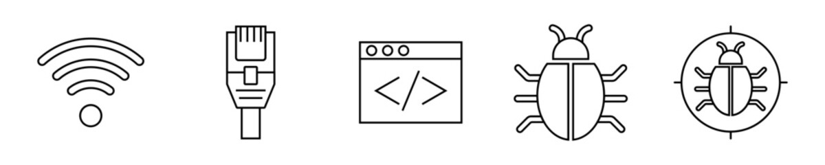  line icons related to data exchange, traffic, files, cloud, server. Outline icon collection