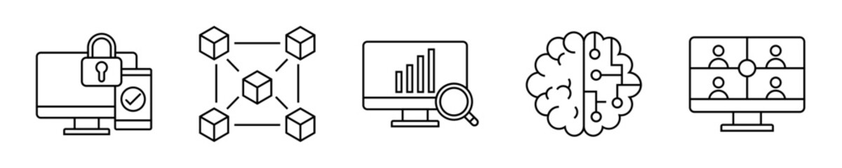  line icons related to data exchange, traffic, files, cloud, server. Outline icon collection