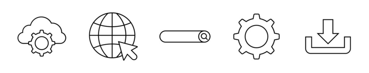  line icons related to data exchange, traffic, files, cloud, server. Outline icon collection