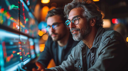 Fototapeta premium Financial Analyst Discusses Real-Time Stock Chart Data with Investment Banker During Late Evening Meeting at City Brokerage Firm Office
